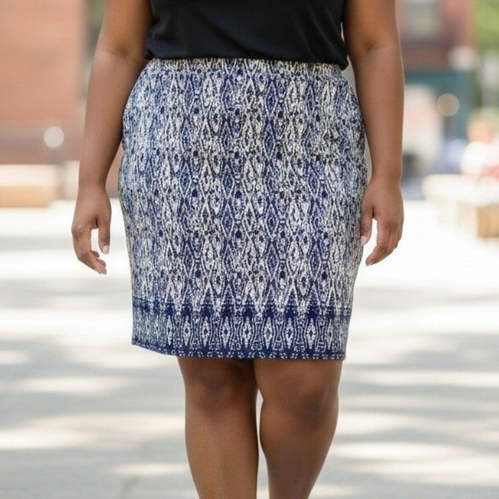J. Jill Blue White Ikat Diamond Print Cotton Modal Knit Pencil Skirt Large